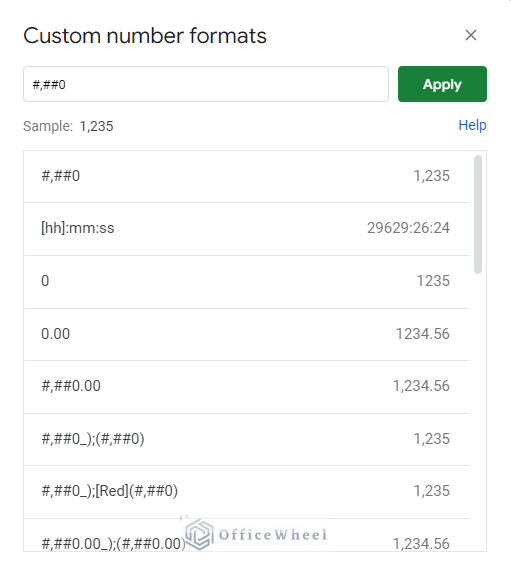 the custom number formats window